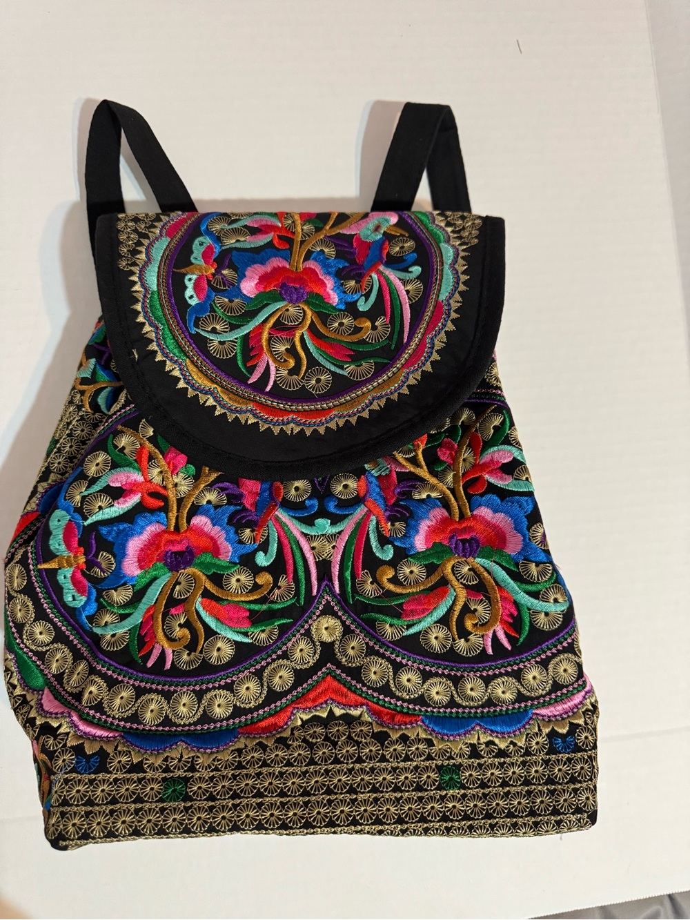 Small Embroidered Black Floral Backpack - Vibrant Multicolor Design